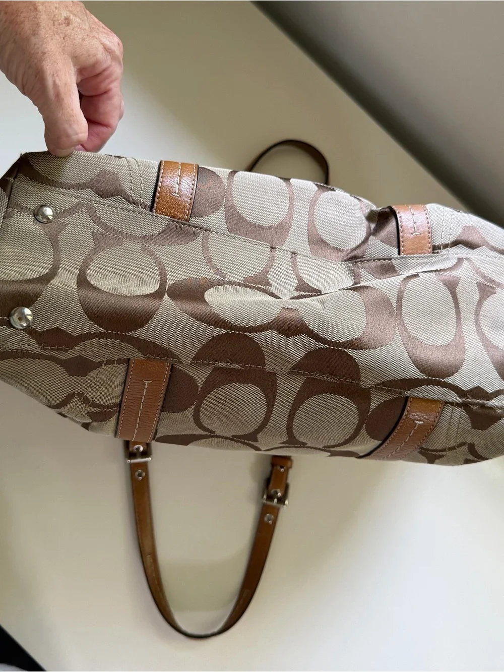 Coach Y2K Bag Tote Purse Signature Jacquard Tote Khaki Brown Leather